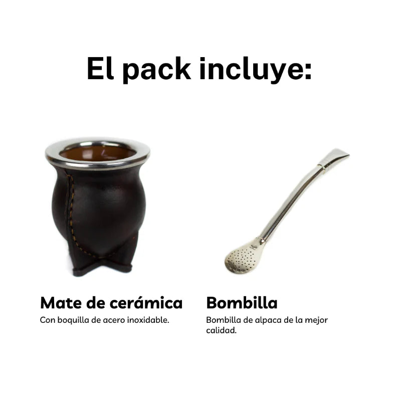 Combo 6 -Mate de Cerámica Forrado en Cuero y Bombilla Alpaca